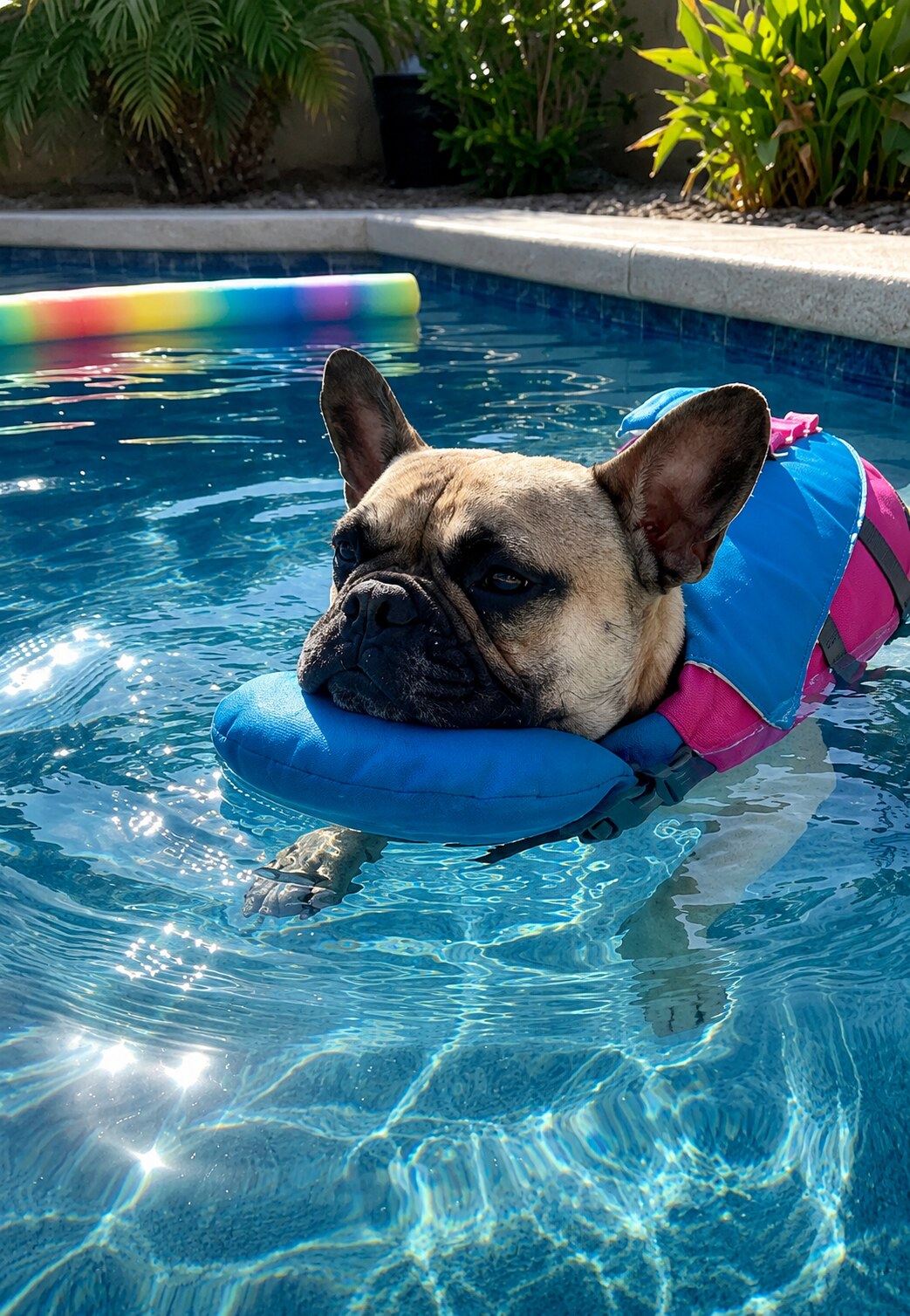 Bulldog francés nadando en una piscina con ShoreLift